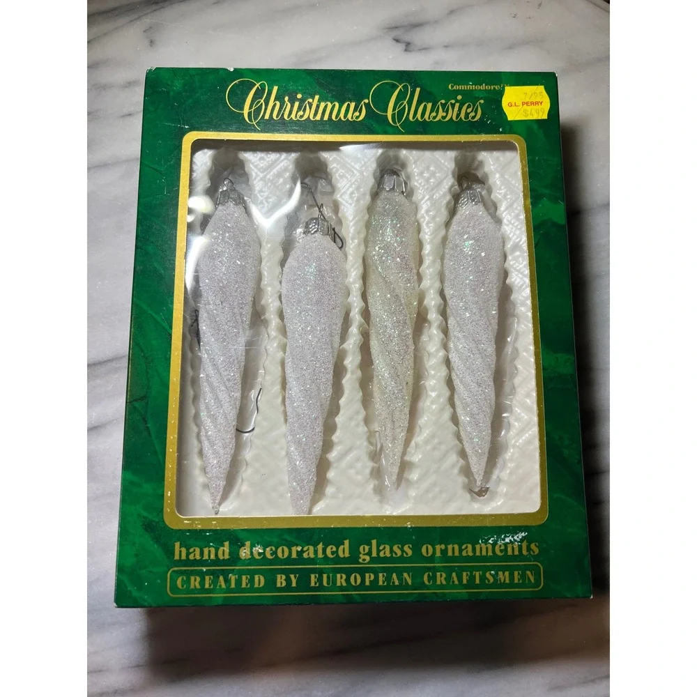 Vintage Commodore Christmas Classics Glass Icicle Ornaments White Glitter Set 4